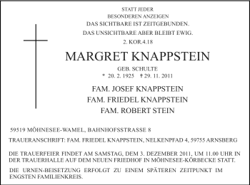 Traueranzeige von Margret Knappstein von Tageszeitung