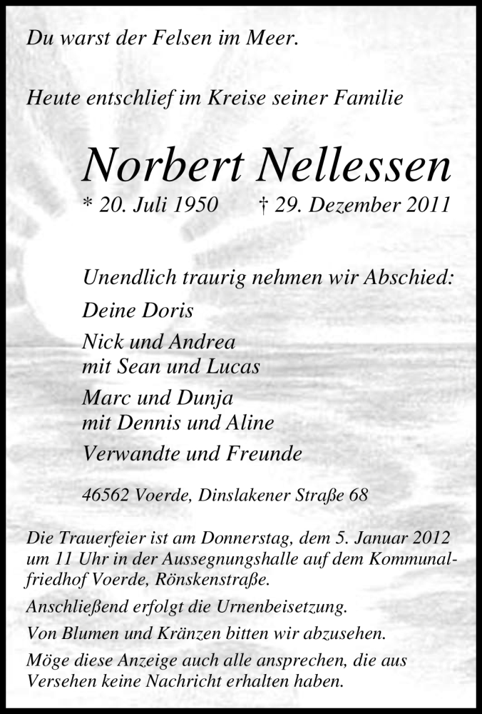  Traueranzeige für Norbert Nellessen vom 31.12.2011 aus Tageszeitung