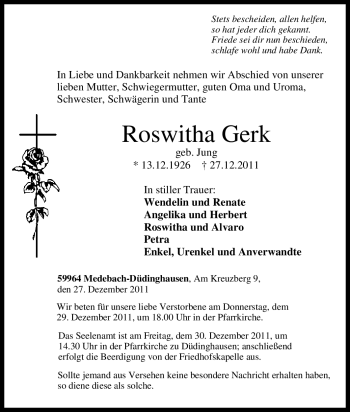 Traueranzeige von Roswitha Gerk von Tageszeitung