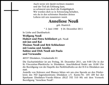 Traueranzeige von Anneliese Neuß von Tageszeitung