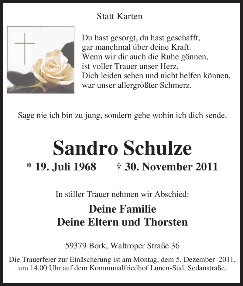  Traueranzeige für Sandro Schulze vom 03.12.2011 aus Tageszeitung