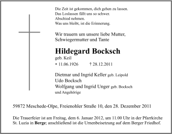 Traueranzeige von Hildegard Bocksch von Tageszeitung