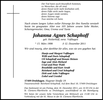 Traueranzeige von Johanna Agnes Schaphoff von Tageszeitung