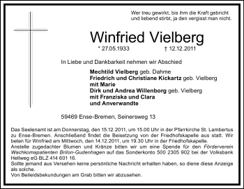 Traueranzeige von Winfried Vielberg von Tageszeitung