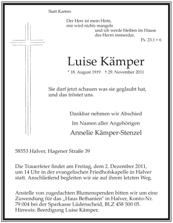 Traueranzeige von Luise Kämper von Tageszeitung