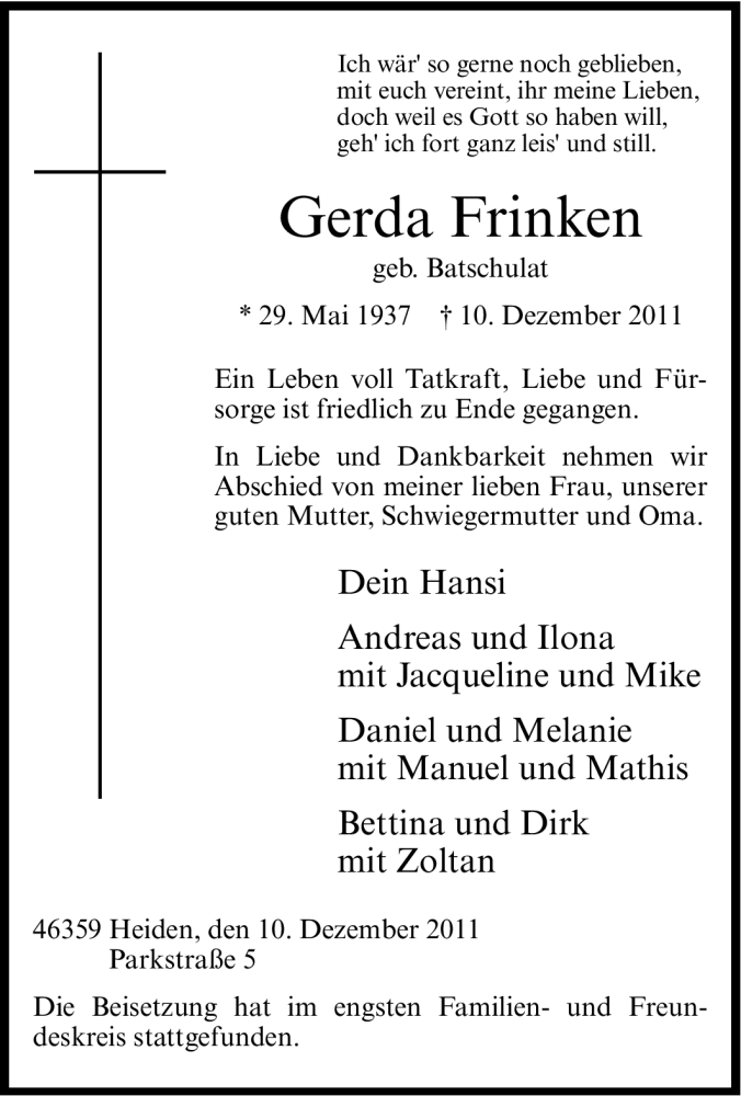 Traueranzeige für Gerda Frinken vom 17.12.2011 aus Tageszeitung