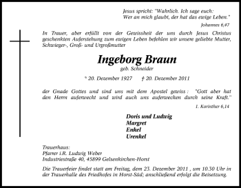Traueranzeige von Ingeborg Braun von Tageszeitung