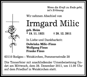 Traueranzeige von Irmgard Milic von Tageszeitung