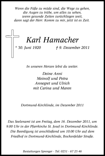Traueranzeige von Karl Hamacher von Tageszeitung