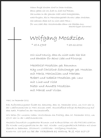 Traueranzeige von Wolfgang Mosdzien von Tageszeitung