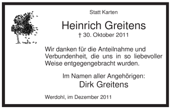 Traueranzeige von Heinrich Greitens von Tageszeitung