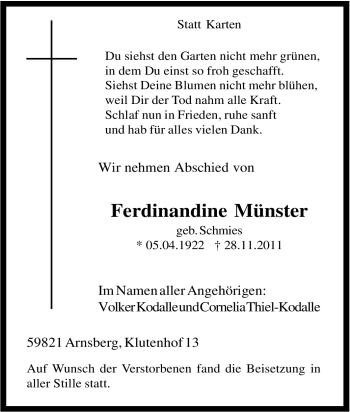 Traueranzeige von Ferdinandine Münster von Tageszeitung