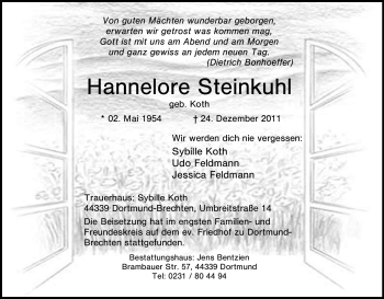 Traueranzeige von Hannelore Steinkuhl von Tageszeitung