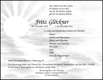 Traueranzeige von Fritz Glöckner von Tageszeitung