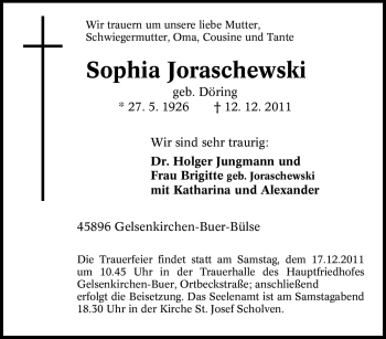 Traueranzeige von Sophia Joraschewski von Tageszeitung