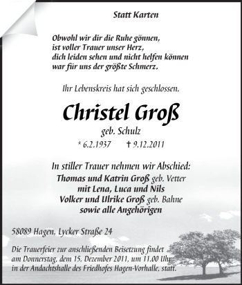 Traueranzeige von Christel Groß von Tageszeitung