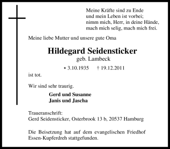 Traueranzeige von Hildegard Seidensticker von Tageszeitung