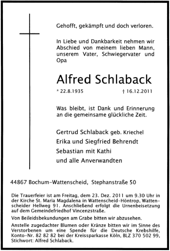 Traueranzeige von Alfred Schlaback von Tageszeitung