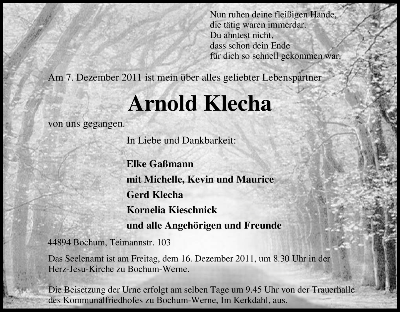  Traueranzeige für Arnold Klecha vom 13.12.2011 aus Tageszeitung