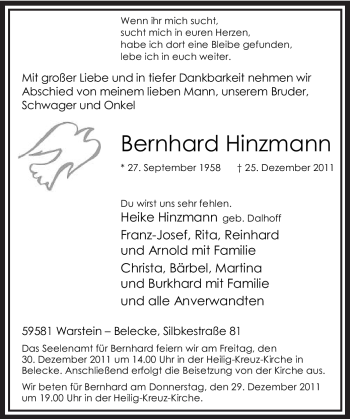 Traueranzeige von Bernhard Hinzmann von Tageszeitung