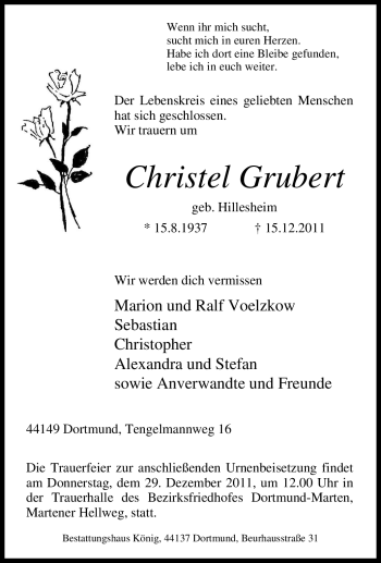 Traueranzeige von Christel Grubert von Tageszeitung