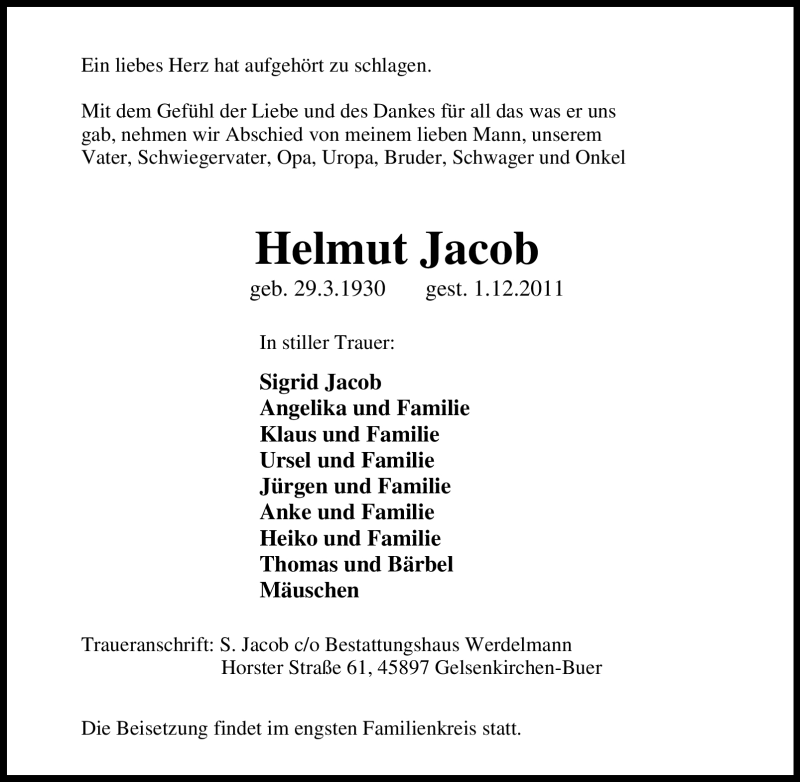  Traueranzeige für Helmut Jacob vom 03.12.2011 aus Tageszeitung