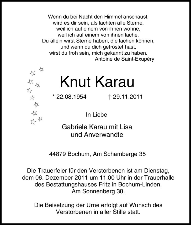  Traueranzeige für Knut Karau vom 03.12.2011 aus Tageszeitung