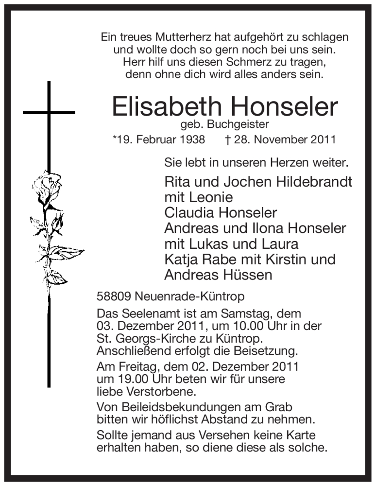  Traueranzeige für Elisabeth Honseler vom 01.12.2011 aus Tageszeitung