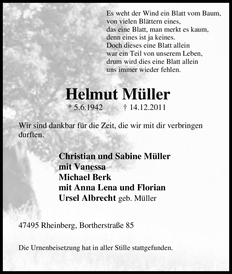  Traueranzeige für Helmut Müller vom 31.12.2011 aus Tageszeitung