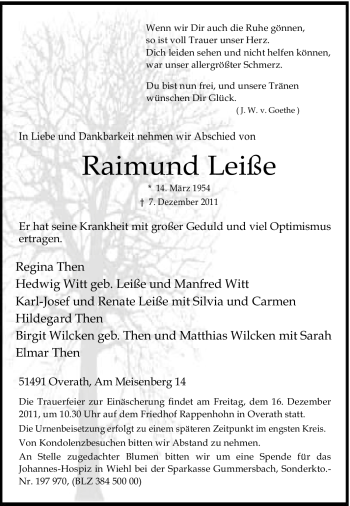 Traueranzeige von Raimund Leiße von Tageszeitung