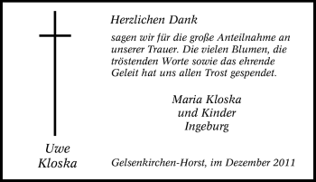 Traueranzeige von Uwe Kloska von Tageszeitung