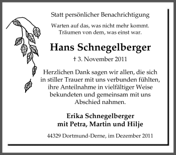 Traueranzeige von Hans Schnegelberger von Tageszeitung