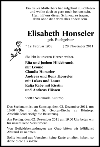 Traueranzeige von Elisabeth Honseler von Tageszeitung