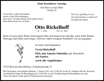 Traueranzeige von Otto Rickelhoff von Tageszeitung