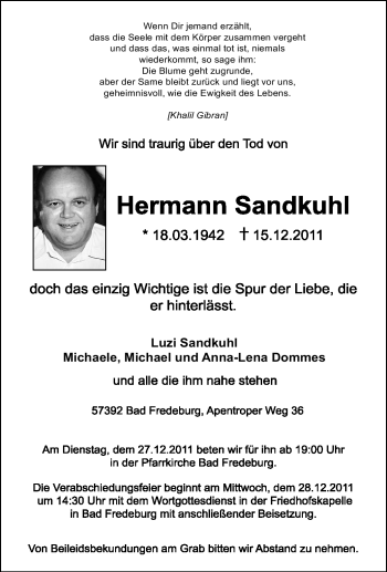Traueranzeige von Hermann Sandkuhl von Tageszeitung