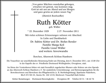 Traueranzeige von Ruth Kötter von Tageszeitung