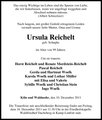 Traueranzeige von Ursula Reichelt von Tageszeitung