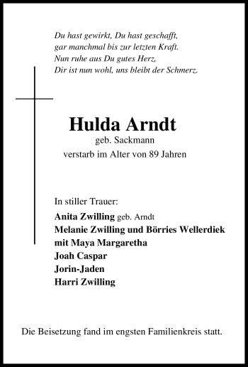Traueranzeige von Hulda Arndt von Tageszeitung