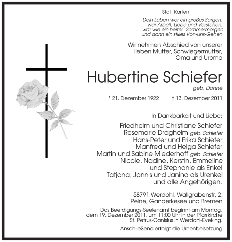  Traueranzeige für Hubertine Schiefer vom 15.12.2011 aus Tageszeitung