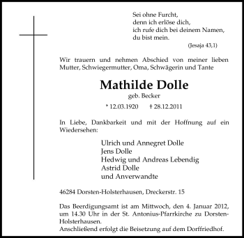 Traueranzeige von Mathilde Dolle von Tageszeitung