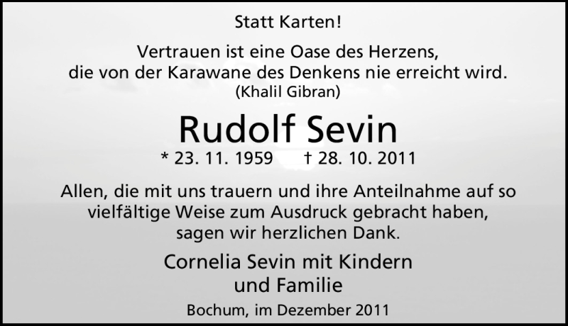  Traueranzeige für Rudolf Sevin vom 03.12.2011 aus Tageszeitung