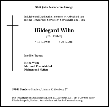 Traueranzeige von Hildegard Wilm von Tageszeitung