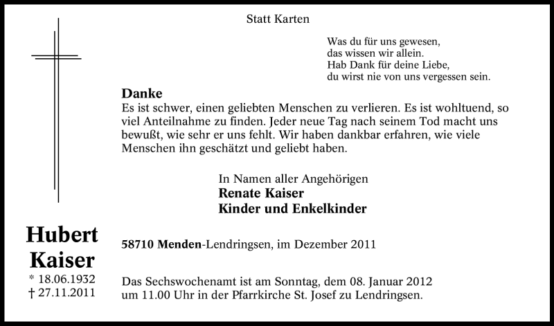  Traueranzeige für Hubert Kaiser vom 31.12.2011 aus Tageszeitung