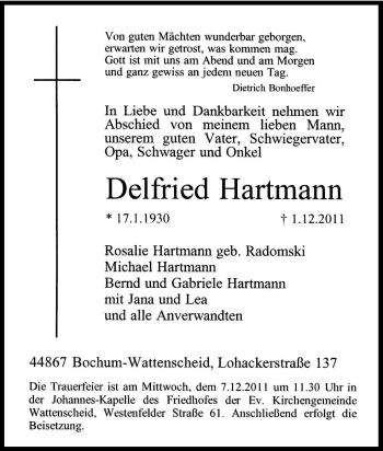 Traueranzeige von Delfried Hartmann von Tageszeitung