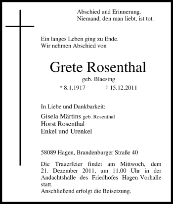 Traueranzeige von Grete Rosenthal von Tageszeitung