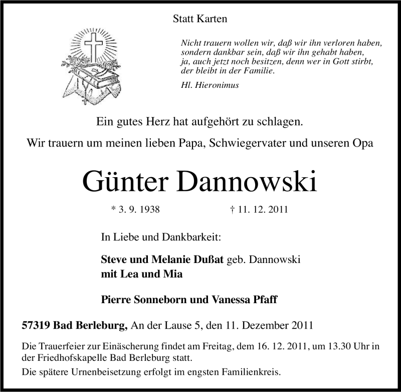  Traueranzeige für Günter Dannowski vom 13.12.2011 aus Tageszeitung