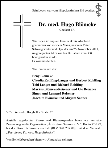 Traueranzeige von Hugo Blömeke von Tageszeitung