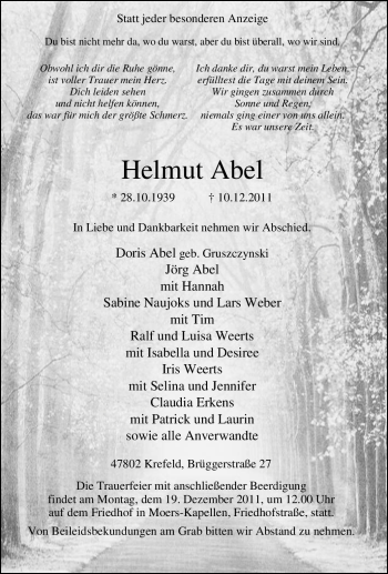 Traueranzeige von Helmut Abel von Tageszeitung