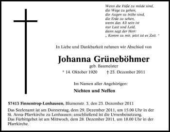Traueranzeige von Johanna Grüneböhmer von Tageszeitung