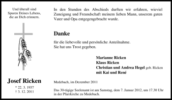 Traueranzeige von Josef Ricken von Tageszeitung